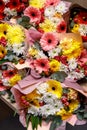 Close-up texture, background of flowers. Bouquet of flowers - gerbera, carnation, roses Royalty Free Stock Photo