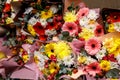 Close-up texture, background of flowers. Bouquet of flowers - gerbera, carnation, roses Royalty Free Stock Photo