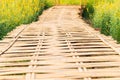 Texture of Bamboo weave walk way bridge with Yellow Crotalaria juncea flowers Sunn hemp field in sunny day Royalty Free Stock Photo