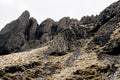 A close-up of the texture of the mountains in Iceland. Basalt volcanic rocks, puff stones covered with moss. Royalty Free Stock Photo