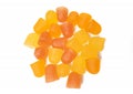 Close-up texture of orange and yellow multivitamin gummies. Healthy lifestyle concept