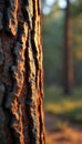 Close-up texture of rough pine tree bark in warm golden hour light. Deep grooves and natural pattern of wood surface. Forest Royalty Free Stock Photo