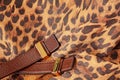 Close-up of texture of vivid fashion handbag with print, exotic skin of jaguar. Concept of shopping, fashion accessories Royalty Free Stock Photo