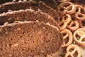 Close-up texture of whole grain bread and pretzels