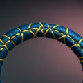 A close-up of a textured blue circular object wrapped in crisscrossing yellow threads, Royalty Free Stock Photo
