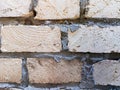 Close up textured brick wall with rough cement rustic beige bricks construction background masonry texture Royalty Free Stock Photo