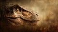 A close-up of a textured dinosaur head, likely a T-Rex, glows dramatically in warm light Royalty Free Stock Photo
