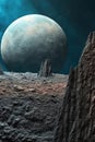 close-up of textured lunar surface with earthrise Royalty Free Stock Photo