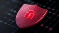 Close up of a textured red shield with a padlock icon, symbolizing secure systems, data encryption, and advanced cybersecurity