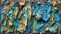 Close up of a textured surface with blue green and gold paint creating a unique abstract design Royalty Free Stock Photo