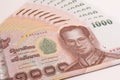 Close up of Thai banknote, Thai bath banknote with the image of Thai King Bhumibol Adulyadej. Royalty Free Stock Photo