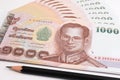 Close up of Thai banknote, Thai bath banknote with the image of Thai King Bhumibol Adulyadej. Royalty Free Stock Photo