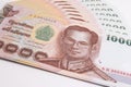 Close up of Thai banknote, Thai bath banknote with the image of Thai King Bhumibol Adulyadej. Royalty Free Stock Photo