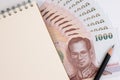 Close up of Thai banknote, Thai bath banknote with the image of Thai King Bhumibol Adulyadej. Royalty Free Stock Photo