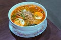 Close-up on a thai delicious spicy noodle soup
