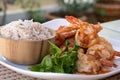 Close up Thai dish. Fresh shrimp stir fry with garlic sauce. Eat together with Thai rice Royalty Free Stock Photo