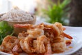 Close up Thai dish. Fresh shrimp stir fry with garlic sauce. Eat together with Thai rice Royalty Free Stock Photo