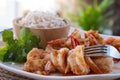 Close up Thai dish. Fresh shrimp stir fry with garlic sauce. Eat together with Thai rice Royalty Free Stock Photo