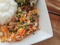 Close-up,Thai food style:& x22;Kaow Moo Tun Pad Thai& x22;fied pork,egg Royalty Free Stock Photo