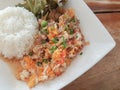 Close-up,Thai food style:& x22;Kaow Moo Tun Pad Thai& x22;fied pork,egg Royalty Free Stock Photo