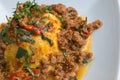 Close-up,Thai food style:& x22;Khai Khon Lab Mhoo& x22; scrambled eggs Royalty Free Stock Photo