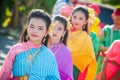 Close up thai girlgroup performing Thai music and Thai dancing in wedding day