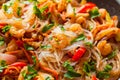 Close up thai glass noodles with vegetables and shrimps