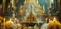 Close-up of Thai temple offering arrangement. Incense sticks, flowers, and candles on altar for Visakha Bucha Day Royalty Free Stock Photo