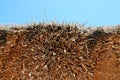 Close-up of thatched roof under the blue sky