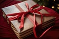 close up of a thick christmas storybook tied with a red ribbon