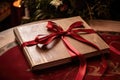 close up of a thick christmas storybook tied with a red ribbon