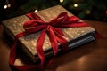 close up of a thick christmas storybook tied with a red ribbon