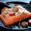 Close up on a thick filleted raw salmon steak