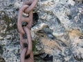 Close up Thick Rusty Chain Background Image. Old rusty metal chain on stone surface Royalty Free Stock Photo