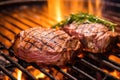 close-up of thigh steak on sizzling grill, medium rare