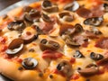 Close-up of thin-crust pizza with cheese, tomato and basilic