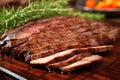 close-up of thinly sliced brisket