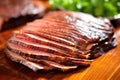 close-up of thinly sliced brisket