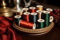 close up of thread spools in traditional christmas colors