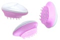 Close up of three battery operated scalp massage brushes, shampoo brushes or scalp massager for exfoliating and massaging the