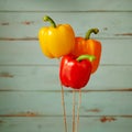 Close-up of three bell peppers floating on threads Royalty Free Stock Photo
