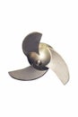 Close up three blades stainless steel propeller for boat or industrial isolated on white background Royalty Free Stock Photo