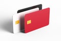 Close-up of three colored credit cards on a white background Royalty Free Stock Photo