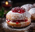 A close up of three donuts with jelly and powdered sugar, AI