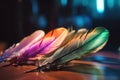 a close up of three feathers of a bird on a table