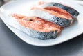 Close up of three fresh salmon slices, in a white plate, on a slate table..Tasty food from Italian cuisine and from the