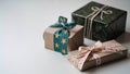 Close-up of three gift boxes with beautiful bows of ribbons with a pattern of stars on a white background,copy space.Festive gift Royalty Free Stock Photo