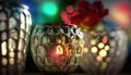 a close up of three glass vases with lights in the background Royalty Free Stock Photo