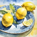 Close-up of three lemons on a yellow and blue Italian majolica plate, against a nuanced blue, watercolored Royalty Free Stock Photo