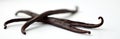 Close-up of three long, delicate vanilla beans elegantly displayed on white surface. Brown aromatic pods evoke culinary arts, Royalty Free Stock Photo